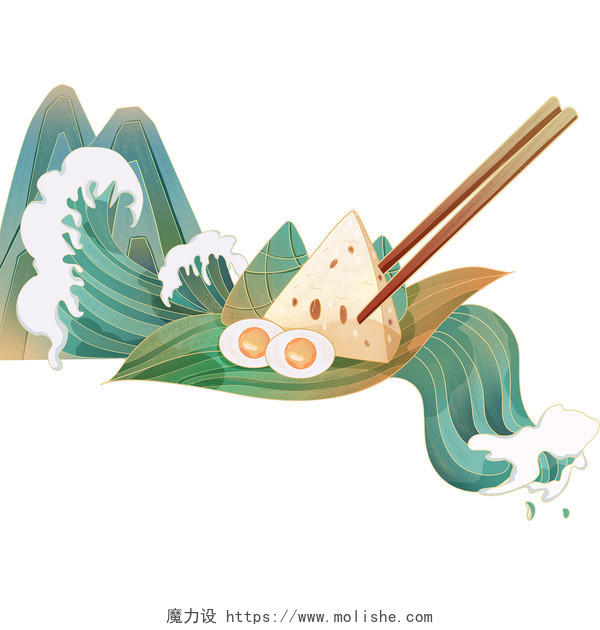 国潮端午节吃粽子元素绿色海浪山峰PNG素材